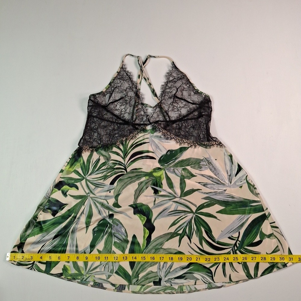 Victorias Secret Tropical Palm Leaf Lace Trim Slip Dress Chemise Green Black L - Picture 3 of 10